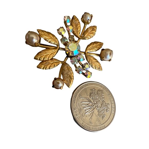 Vintage Made in Austria Gold Tone Aurora Borealis AB Crystals Etched Leaves - Picture 10 of 11